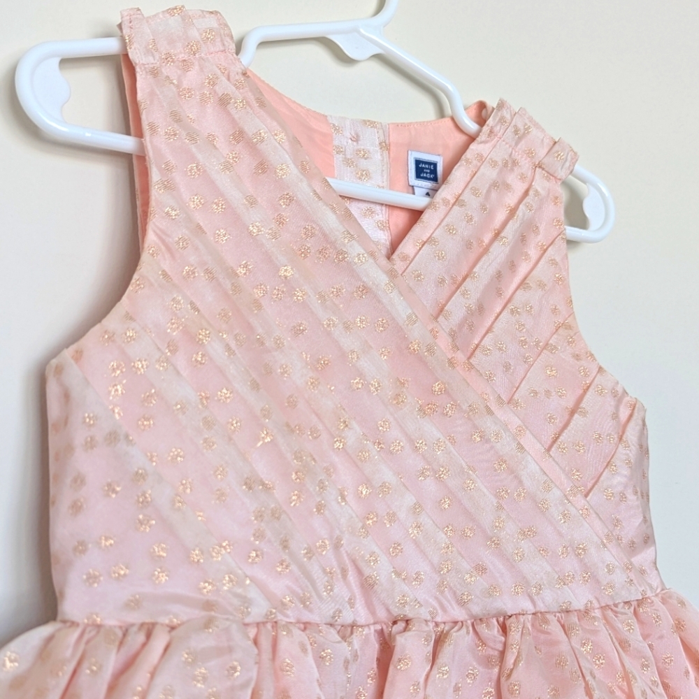 Janie and Jack Pleated Pink Peach Dress with Gold Embroidered Dots - Size 4T - Picture 7 of 10